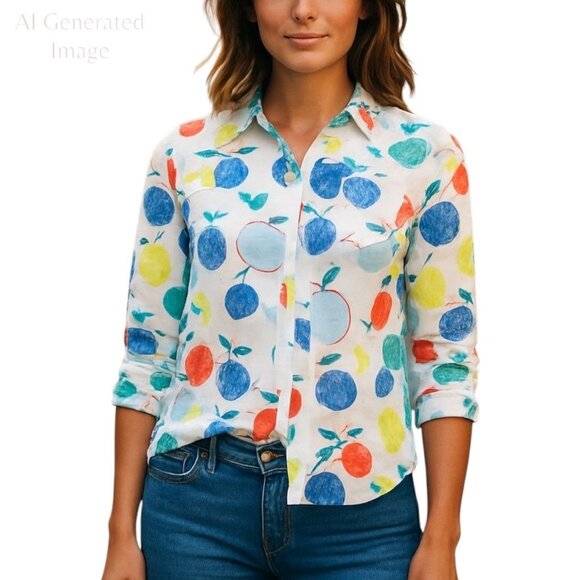 Talbots Womens Shirt Apple Multicolor Roll Tab Sleeve Button Up Petite Size Lp - Picture 1 of 13